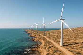 Apşeron burnunda kıyı çizgisini izleyen türbinler