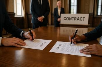 Sözleşme imzası; belediye salonunda masa başı