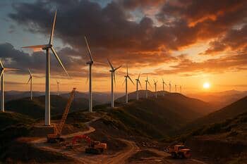 Sırt hattı boyunca uzanan türbin sırası; geniş panorama
