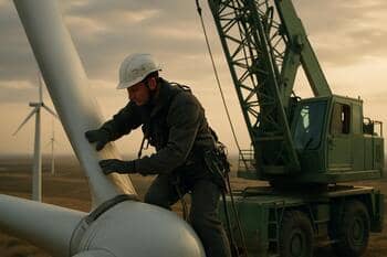 Bakü yakınlarında kanat bakımı yapan teknisyen, mat yeşil servis vinci