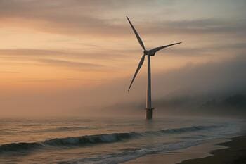 Hazar kıyısında açık deniz rüzgâr türbini, gün doğumunda sis bantlarıyla