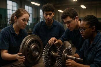 Atölyede türbin parçası eğitimi alan yerel çıraklar