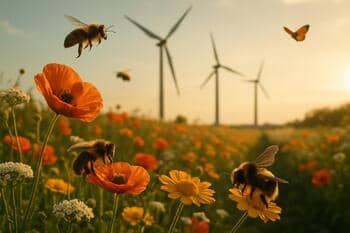 Çiçekli şerit üzerinde tozlayıcı böcekler ve rüzgâr türbinleri