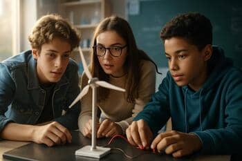 Okul laboratuvarında rüzgâr türbini maketiyle deney yapan öğrenciler