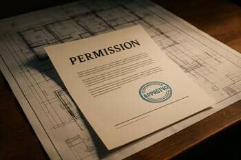 Onay damgalı izin dosyası; masa üstünde plan çizimleri