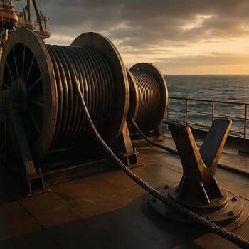 Kablo döşeme gemisi güvertesinde bobinler ve kılavuz