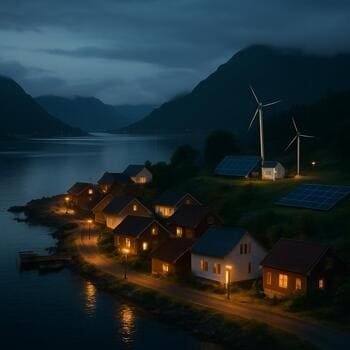 Mikroşebeke ile beslenen kıyı köyü, akşam ışıkları