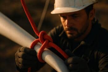 Kanat üzerinde halatla çalışan teknisyen, güvenlik düğümü yakın plan