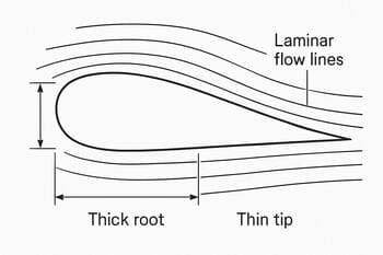 Kanat profilinin kesiti: kalın kök, incelen uç, laminer akış çizgileri