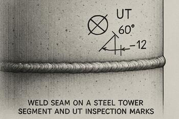Çelik kule segmentinde kaynak dikişi ve UT kontrol işaretleri