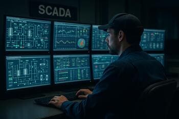 SCADA odasında operatör, çoklu ekranlı izleme