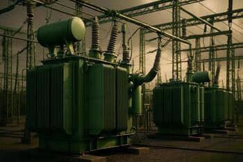 Yeşil boyalı trafo merkezinde güç transformatörleri ve bara