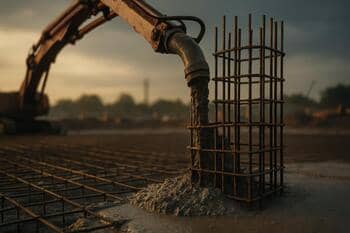 Temel dökümü sırasında beton pompası ve donatı kafesi
