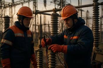 Trafo merkezinde baraya bağlantı; test ekibi koruyucu ekipmanla