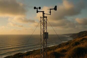 Kıyı sırtında meteoroloji direği; anemometre ve yön gülü sensörleri