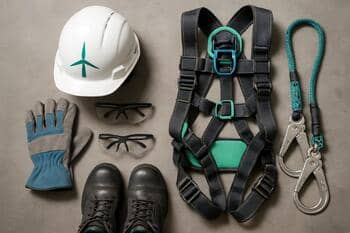 Şantiye girişinde PPE masası: baret, gözlük, eldiven, kulaklık